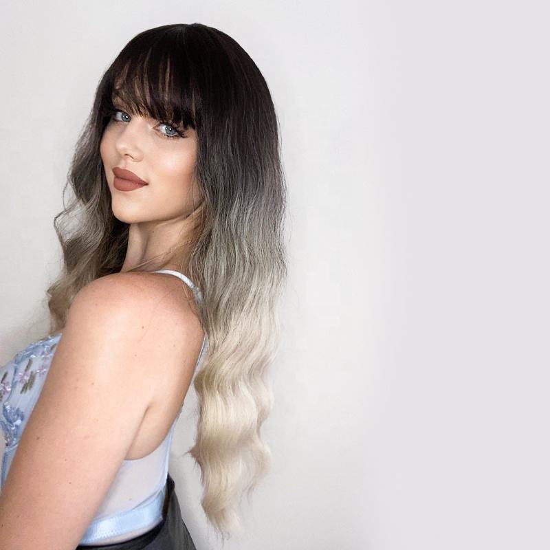 Grey Brown Loose Wave Synthetic Wigs With Bangs 26" - BEAUTY BELLO®