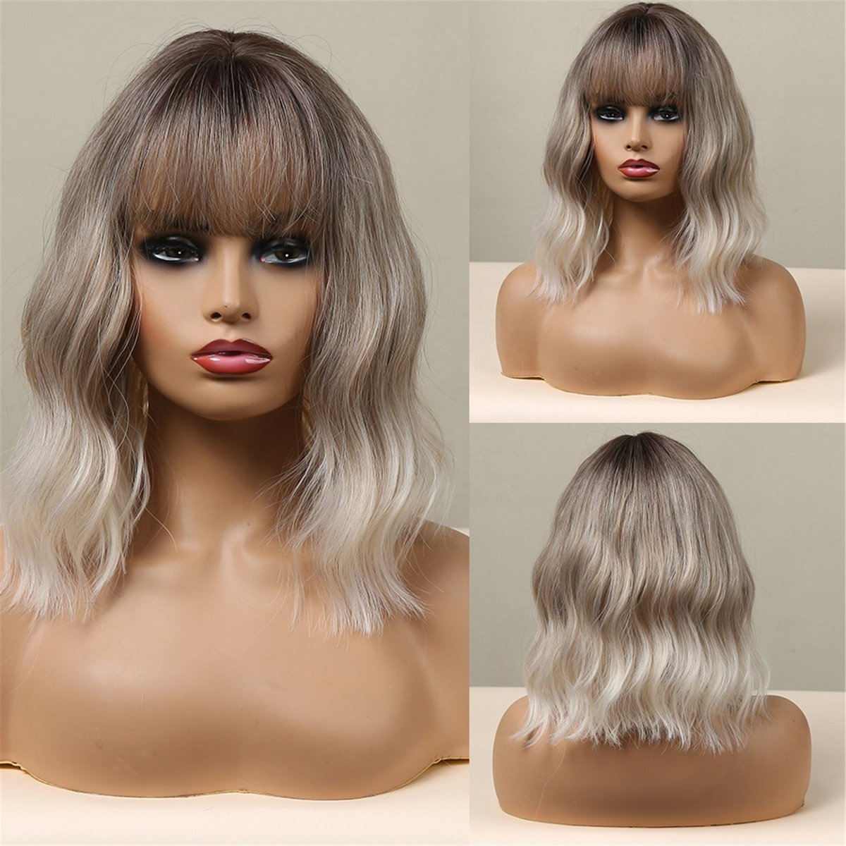 Ash Gray Ombre Short Bob Body Wave Synthetic Wigs 12" - BEAUTY BELLO®