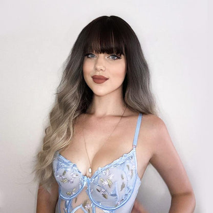 Grey Brown Loose Wave Synthetic Wigs With Bangs 26" - BEAUTY BELLO®