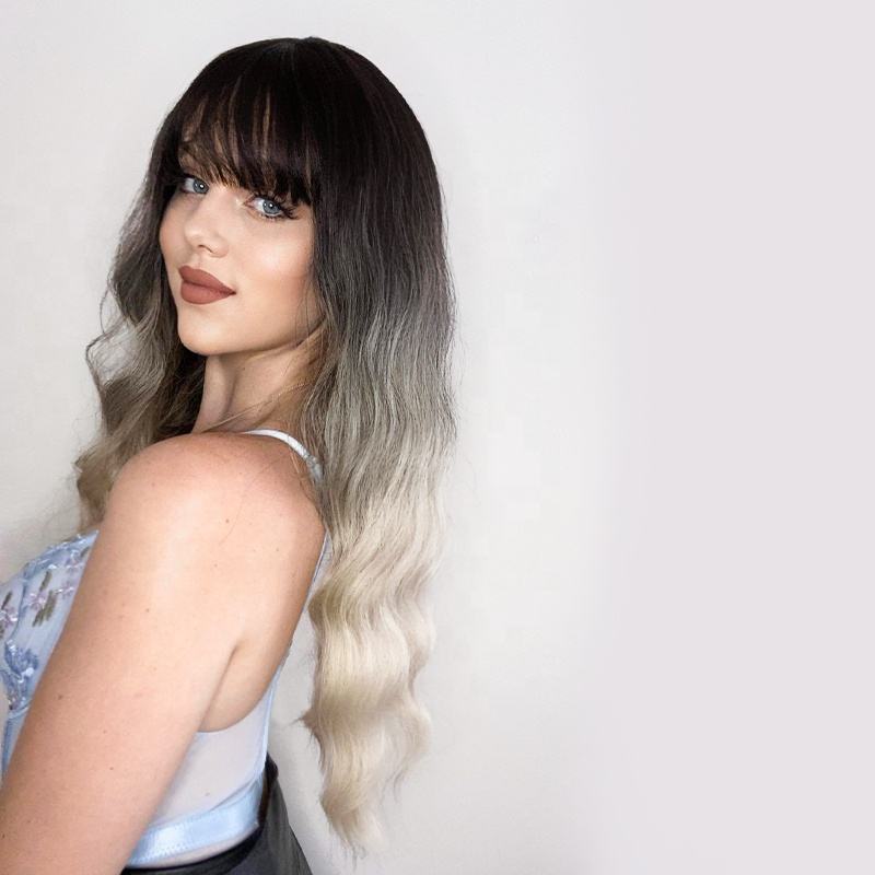 Grey Brown Loose Wave Synthetic Wigs With Bangs 26" - BEAUTY BELLO®