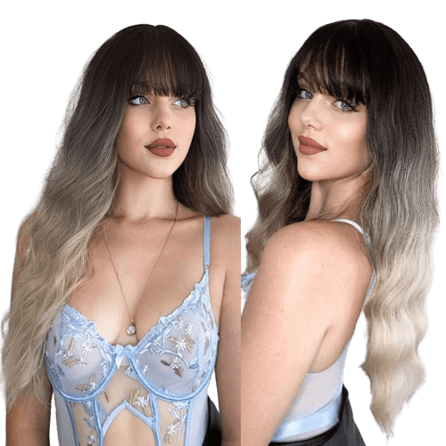 Grey Brown Loose Wave Synthetic Wigs With Bangs 26" - BEAUTY BELLO®