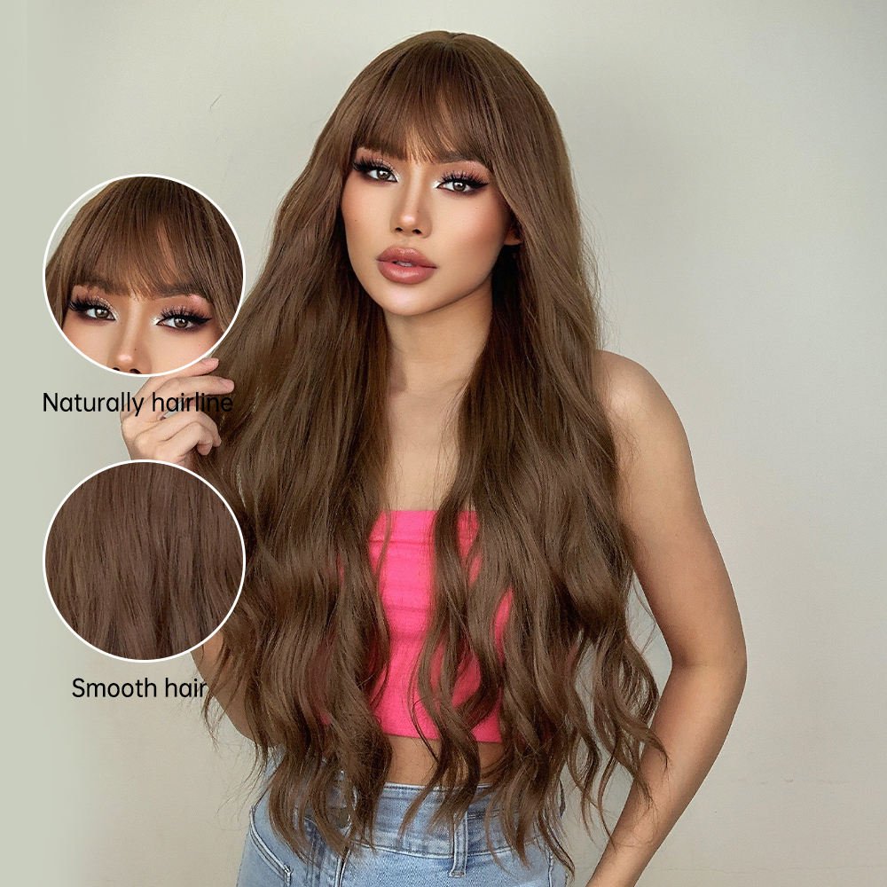 Long Wavy Honey Brown Synthetic Wig with bangs 26" - BEAUTY BELLO®