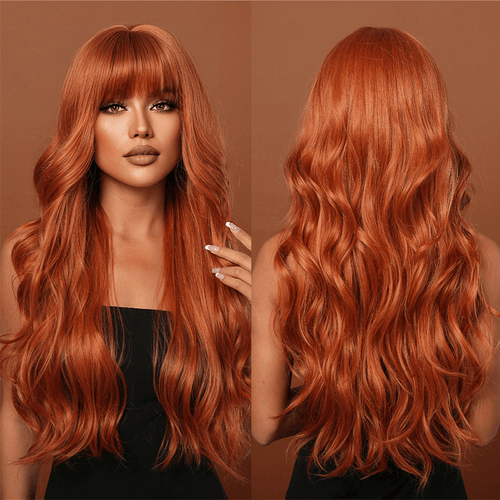 Orange Long Wavy Synthetic Wigs with bangs 24" - BEAUTY BELLO®