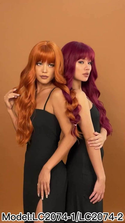 Orange Long Wavy Synthetic Wigs with bangs 24" - BEAUTY BELLO®