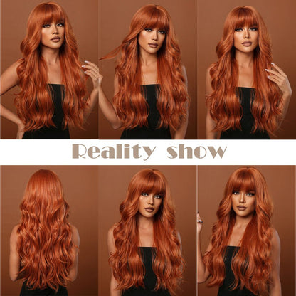 Orange Long Wavy Synthetic Wigs with bangs 24" - BEAUTY BELLO®