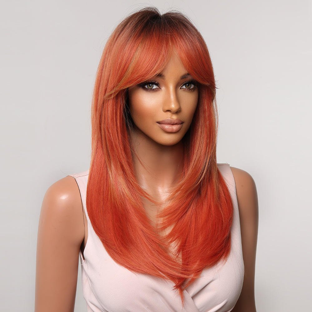 Orange Straight Long Highlight Synthetic Hair Wigs With Bangs - BEAUTY BELLO®