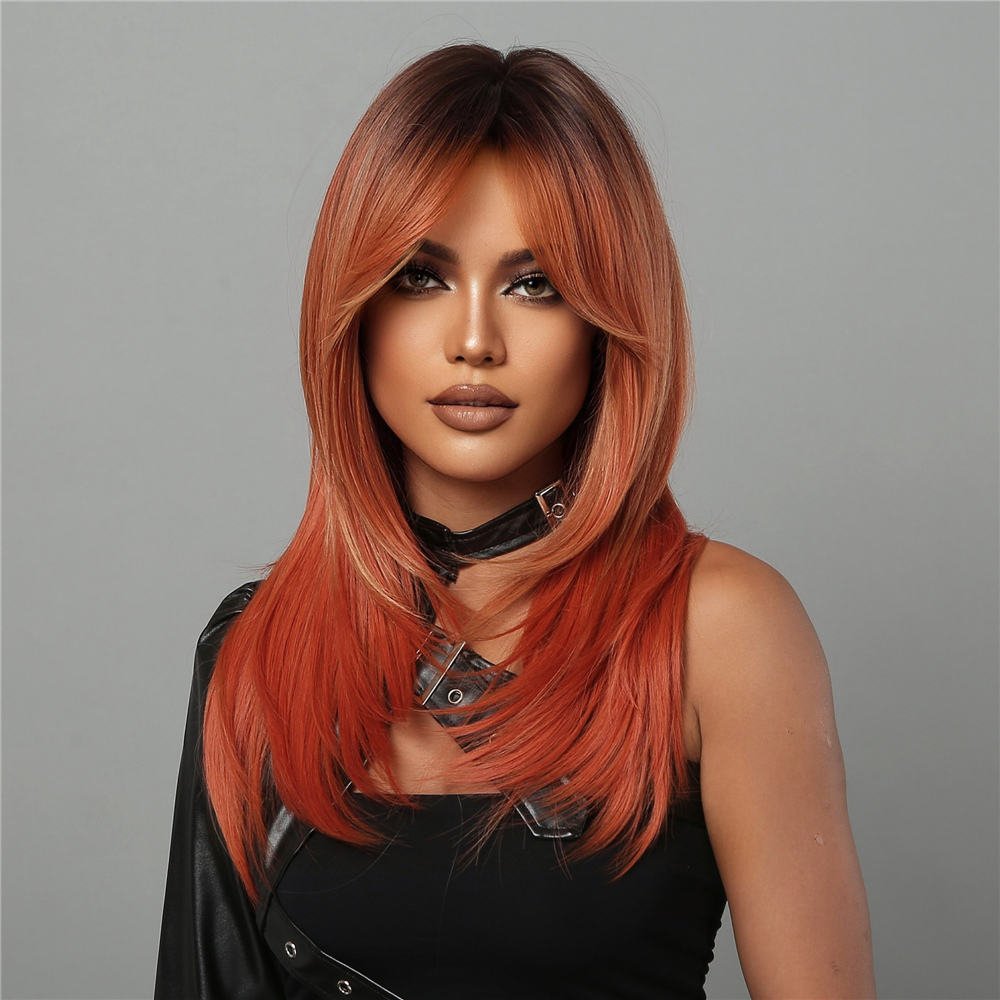 Orange Straight Long Highlight Synthetic Hair Wigs With Bangs - BEAUTY BELLO®