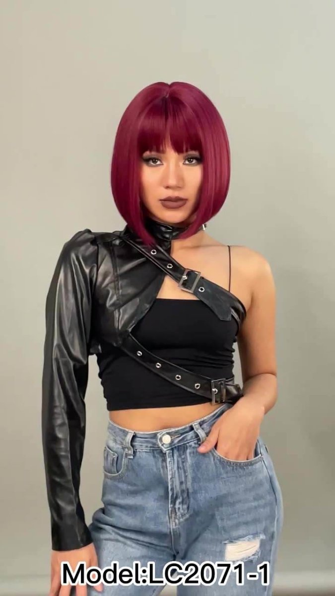 Short straight bob Wine Red Syntnetic Wigs with bangs 10" - BEAUTY BELLO®