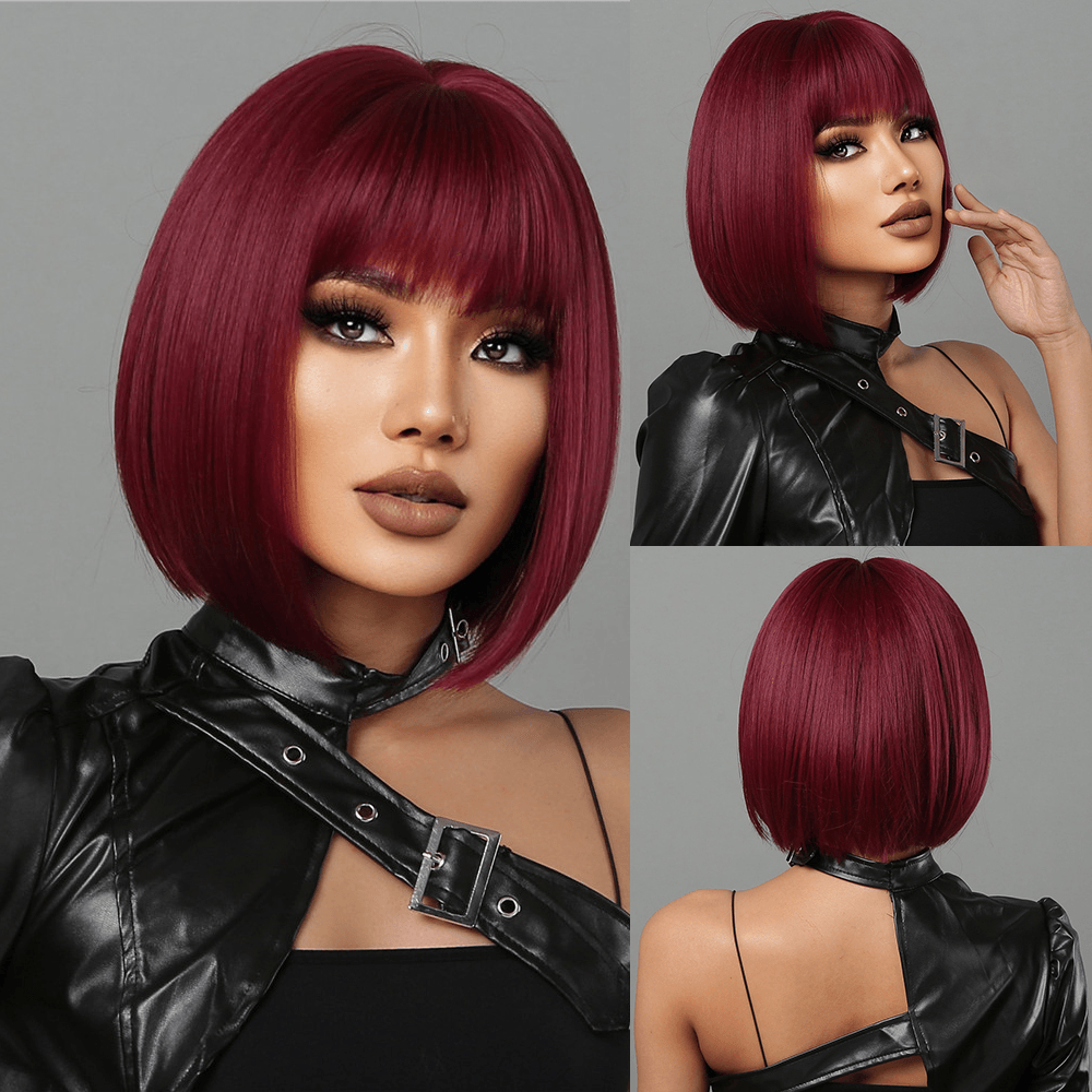 Short straight bob Wine Red Syntnetic Wigs with bangs 10" - BEAUTY BELLO®