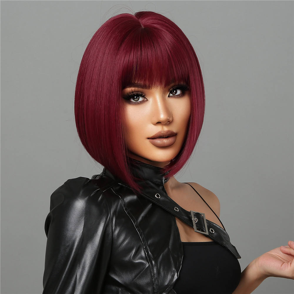 Short straight bob Wine Red Syntnetic Wigs with bangs 10" - BEAUTY BELLO®