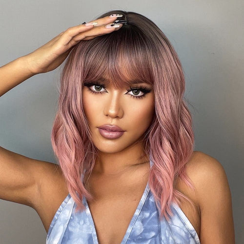 Short Water Wave Synthetic Pink Wigs 12" - BEAUTY BELLO®